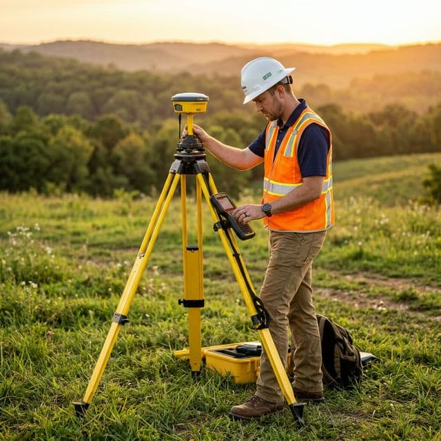 Male land surveyor using GNSS equipment in an Arkansas field