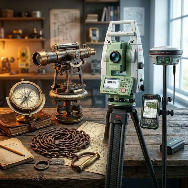 Vintage and modern surveying equipment representing 60 years of heritage