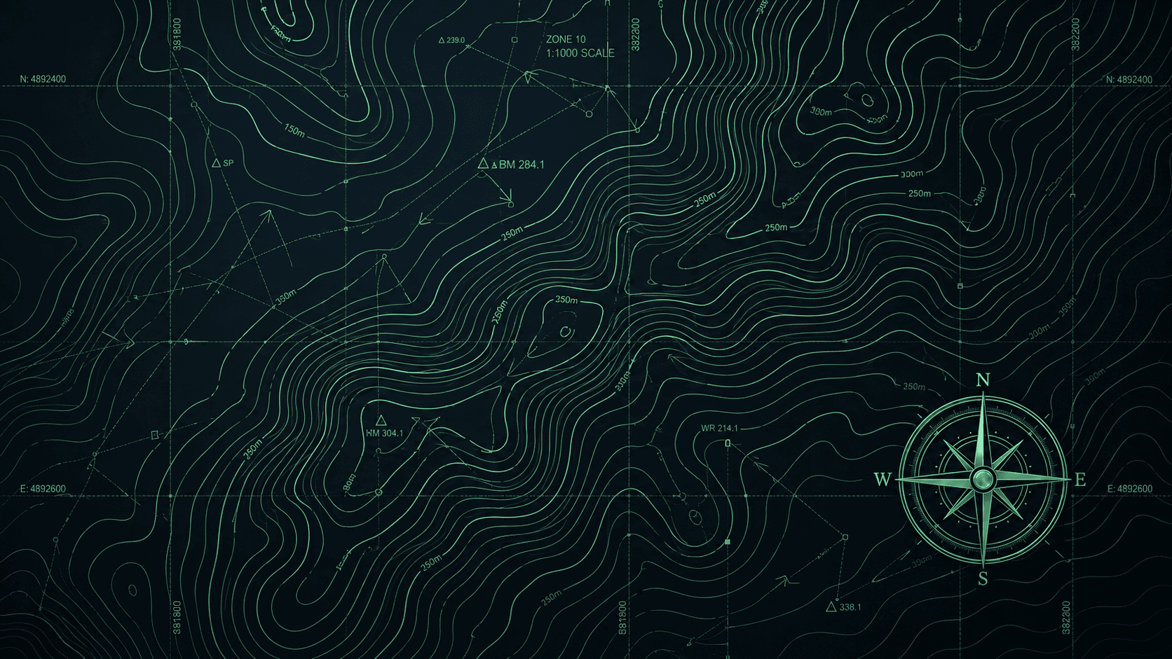 Topographic contour map with coordinate grid, benchmark callouts, and a compass rose