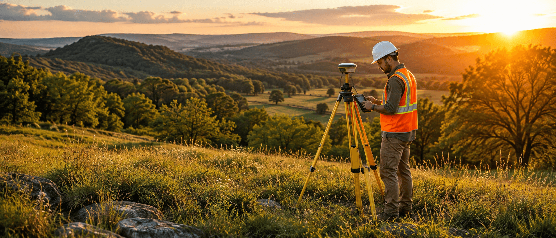 A surveyor recording observations on a GNSS rover above rolling Arkansas hills at sunset