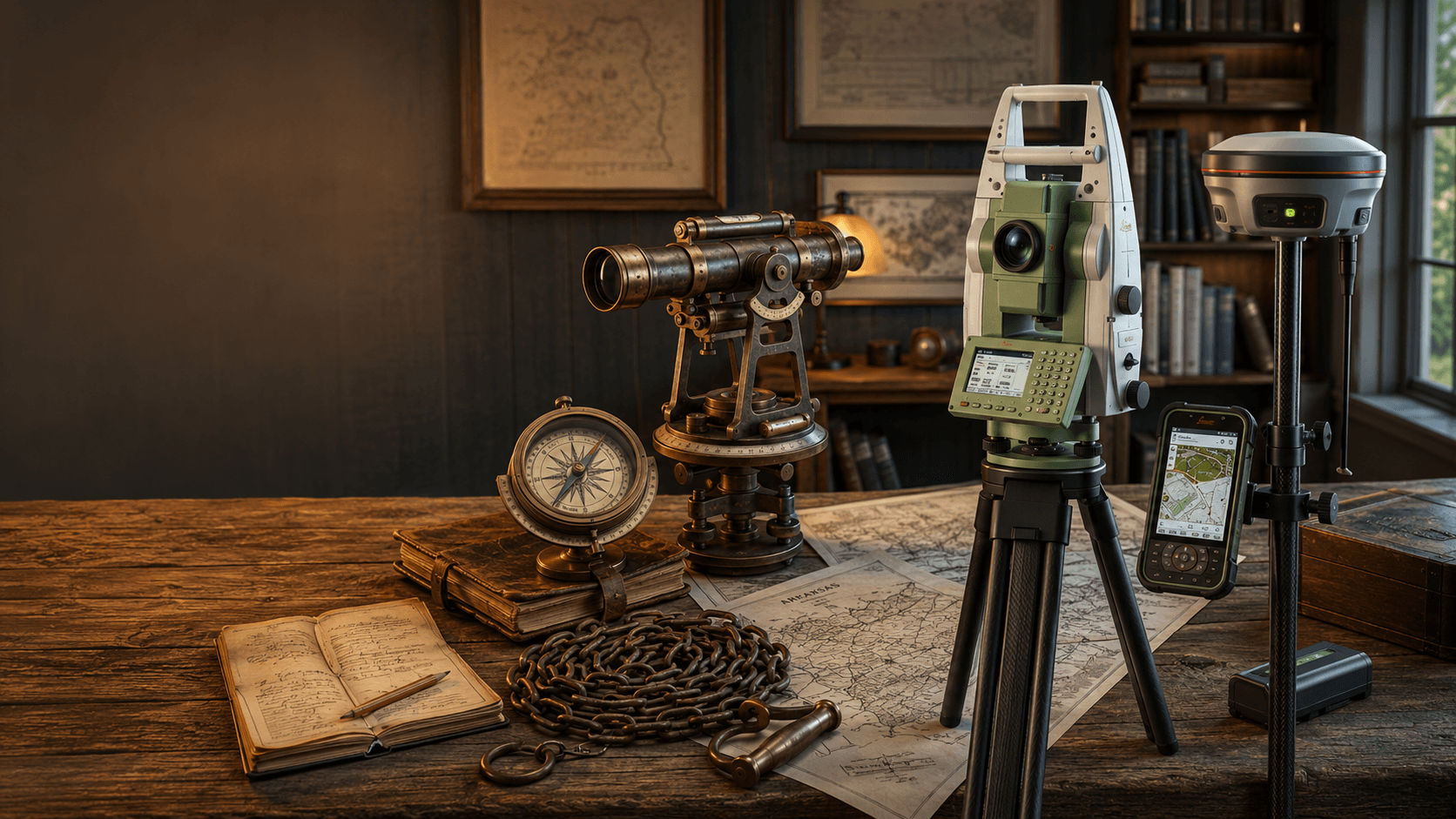 An antique brass transit, surveyor’s compass and Gunter’s chain laid out beside a modern robotic total station and GNSS rover