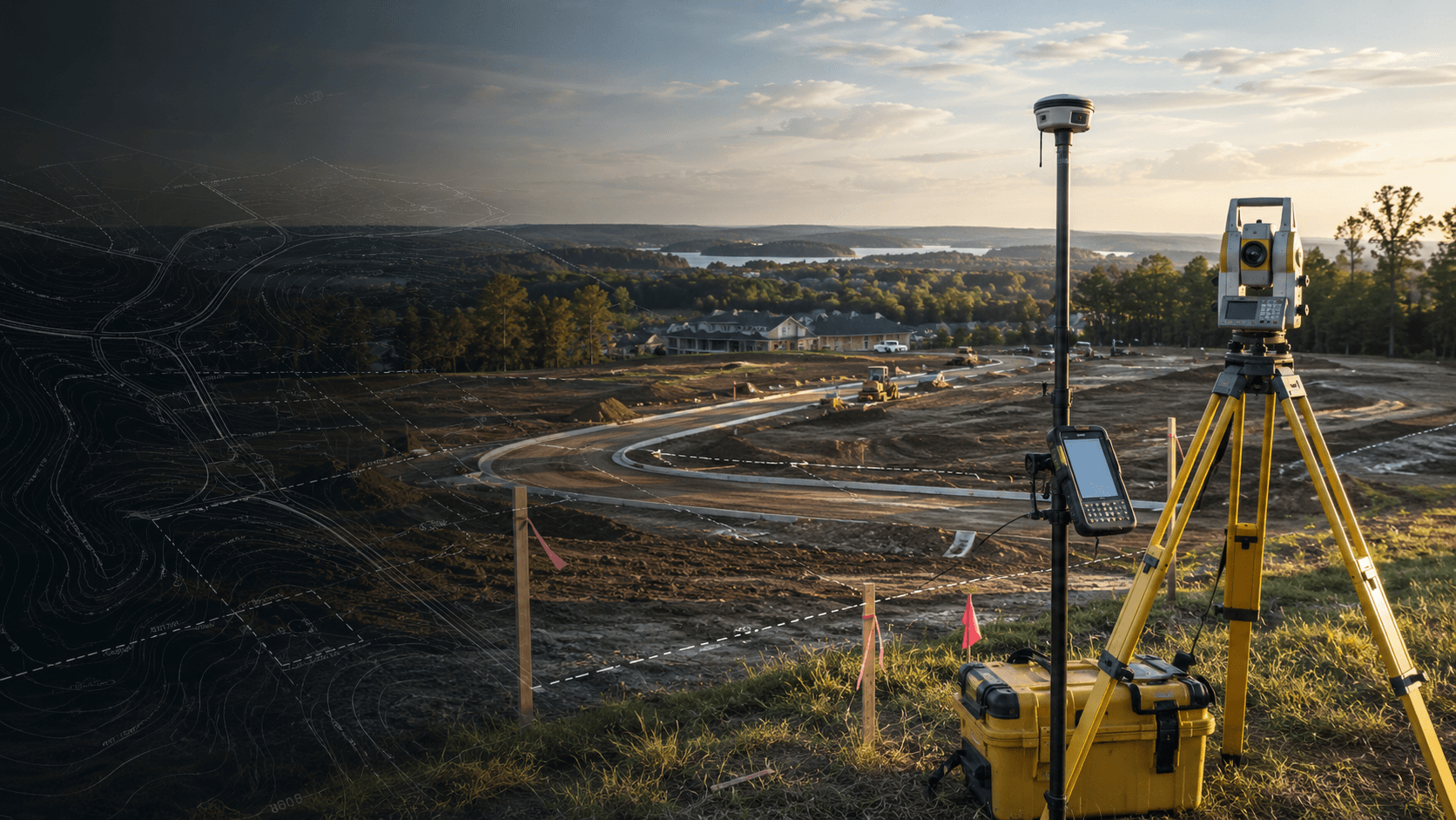 A subdivision under construction at dusk, with a GNSS rover and total station set over staked lot lines